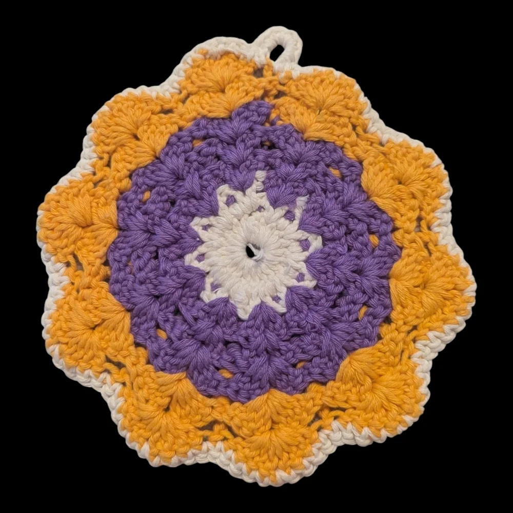 Vintage Granny Core 2 Purple Yellow White Crocheted Flower Potholders